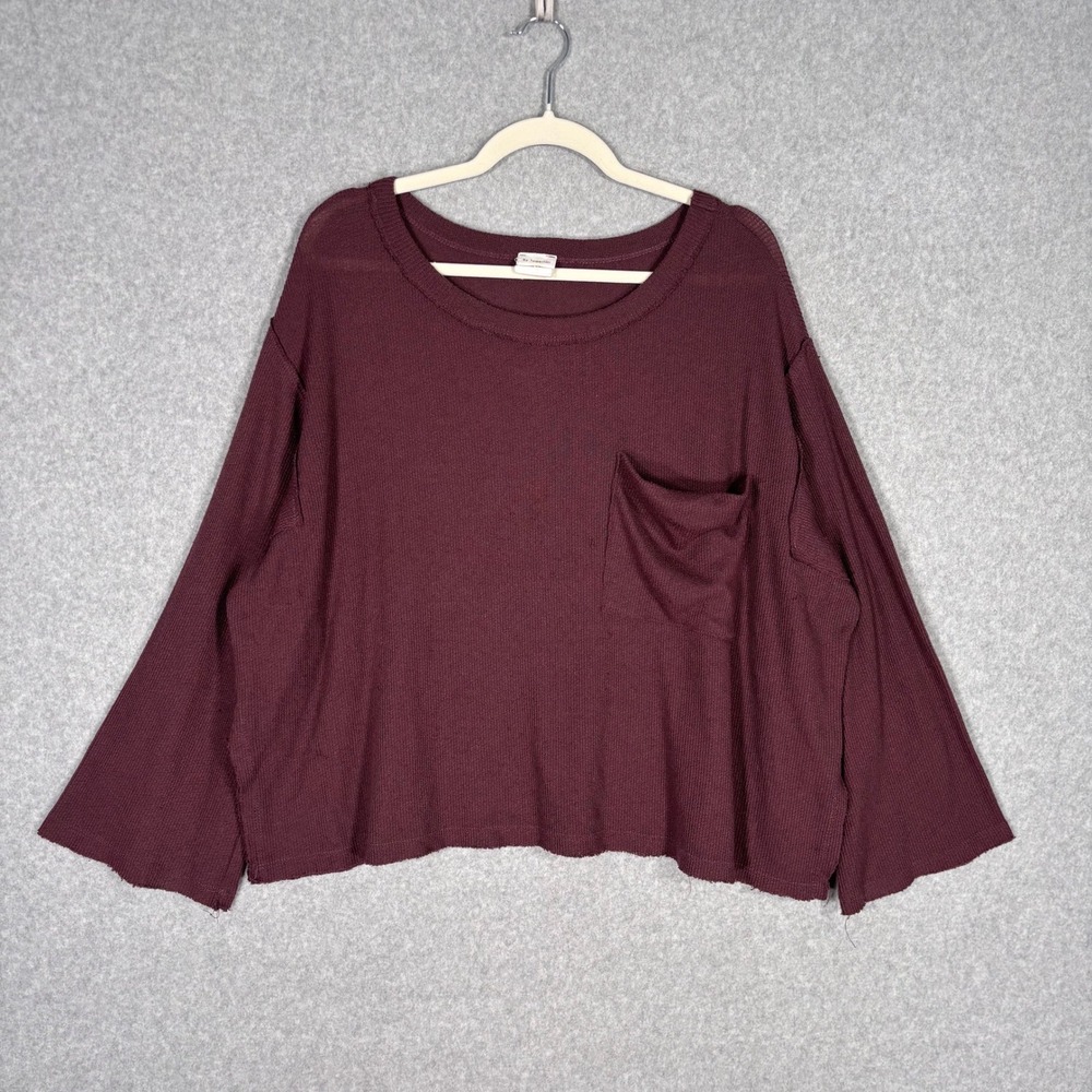 Anthropologie Waffle Knit Top Medium Brown Flare‎ Sleeve Boxy Comfy Cozy Lounge